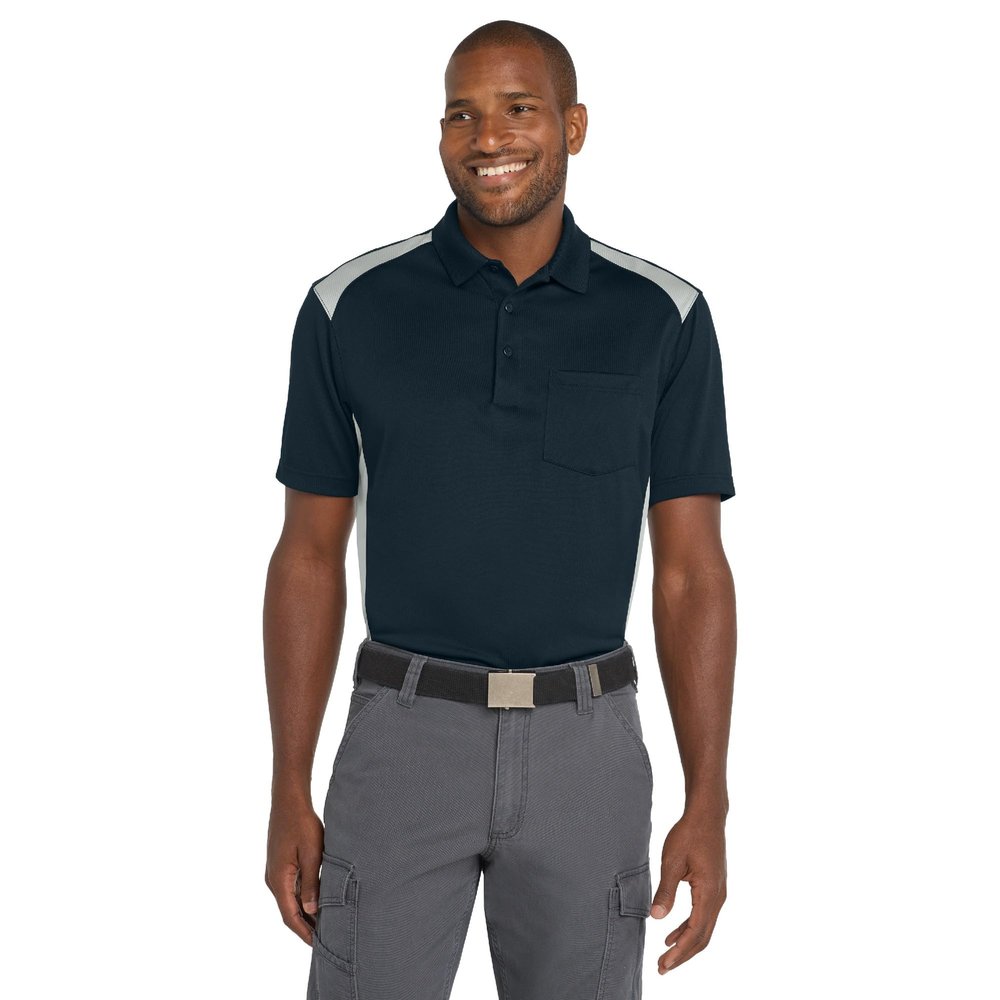 CornerStone Unisex Select Snag-Proof Two Way Colorblock Pocket Polo | Collared Work Shirt for Men & Women, Casual Short Sleeve Top for Golf & Tennis, Polos/Knits, Dark Navy/Light Grey, S