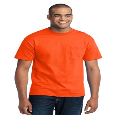 Port & Company Men's Cotton/Polyester T-Shirt with Pocket - Small - Safety Orange