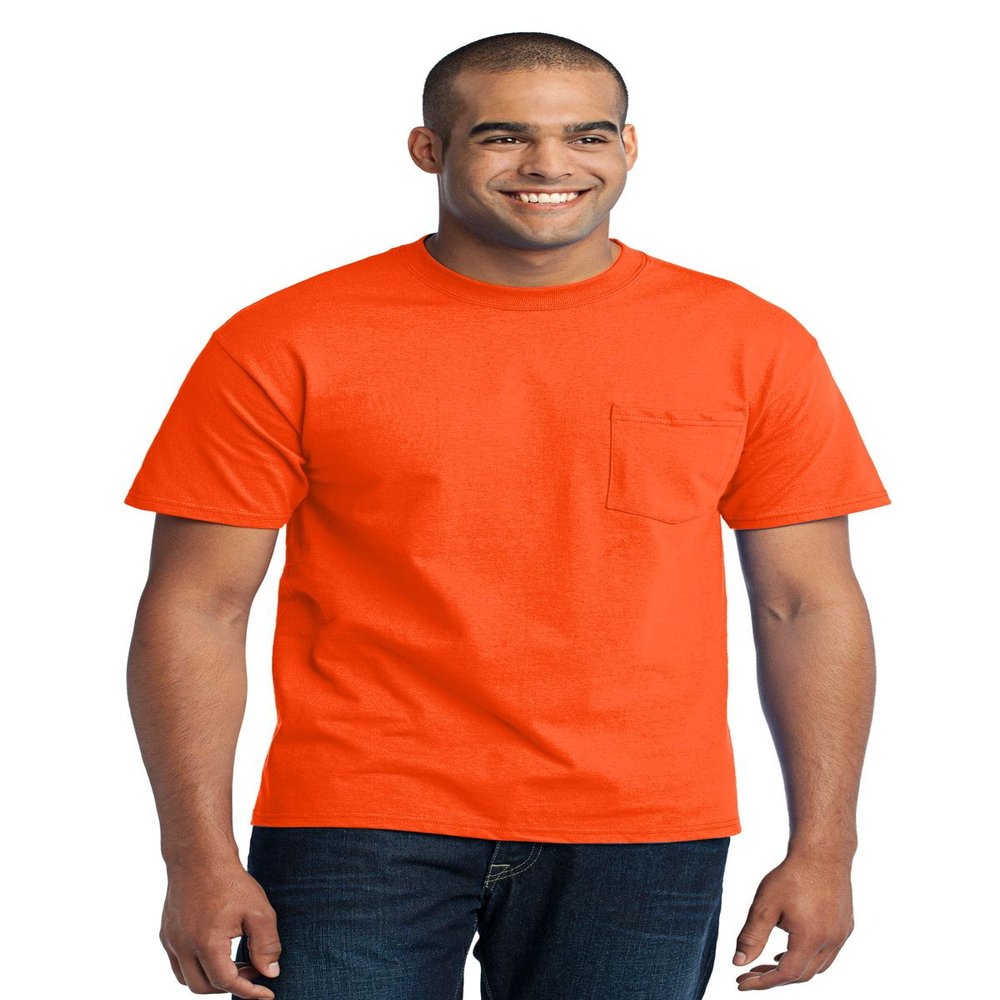 Port & Company Men's Cotton/Polyester T-Shirt with Pocket - Small - Safety Orange