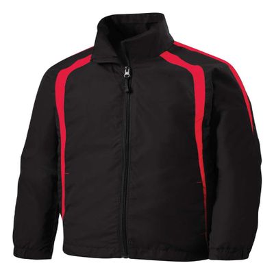 SPORT-TEK Youth Colorblock Raglan Jacket | Lightweight Jacket for Boys & Girls, Kids' Zip Up for Spring, Black/True Red, Small