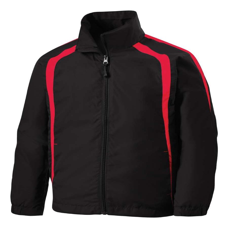 SPORT-TEK Youth Colorblock Raglan Jacket | Lightweight Jacket for Boys & Girls, Kids' Zip Up for Spring, Black/True Red, Small