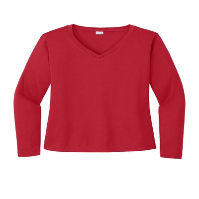 SPORT-TEK Women's Long Sleeve PosiCharge Competitor V-Neck Tee | Workout T-Shirt for Spring & Summer Fashion, Athletic Fit Gym Clothing True Red