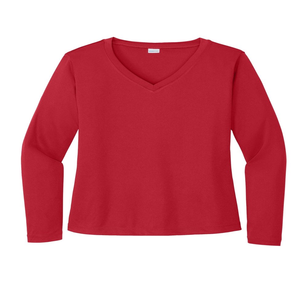 SPORT-TEK Women's Long Sleeve PosiCharge Competitor V-Neck Tee | Workout T-Shirt for Spring & Summer Fashion, Athletic Fit Gym Clothing True Red