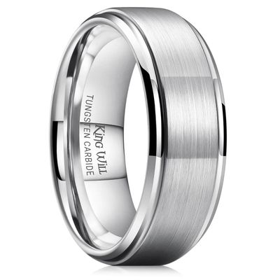 King Will Men's Silver Tungsten Carbide Ring 8mm Polished Step Edge Matte Brushed Finish Center Wedding Band(9.5)