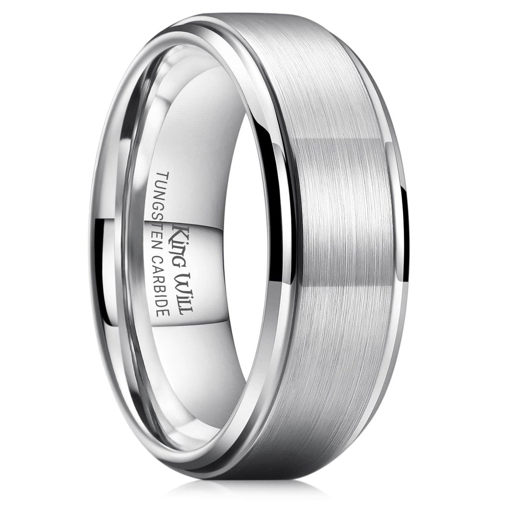 King Will Men's Silver Tungsten Carbide Ring 8mm Polished Step Edge Matte Brushed Finish Center Wedding Band(9.5)