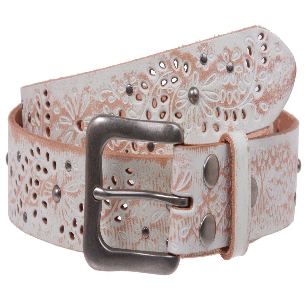 1 1/2" Snap On Embossed Vintage Cowhide Full Grain Leather Floral Rivet Perforated Casual Belt, White | 32