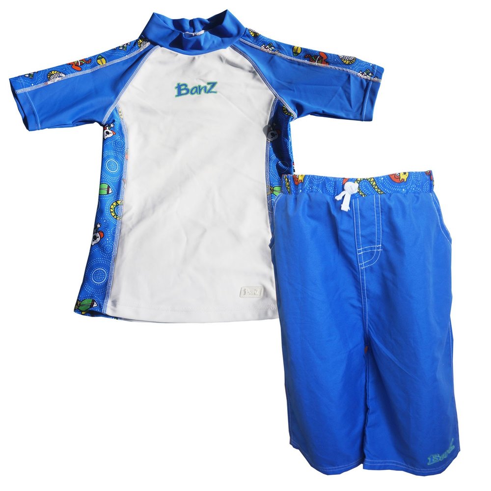 Baby Banz Toddler Boys Short Sleeve Rash Guard and Board Shorts Set, Cool Gardie Blue, 4