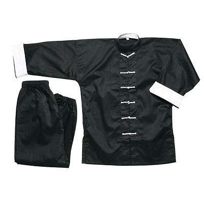 Ace Martial Arts Supply 100% Cotton Kung Fu Uniform -All Black, All White, and Black with White Cuffs (White Cuff Black with White Knot, 1)