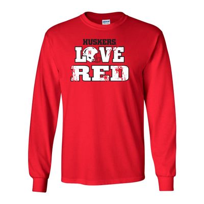 Nebraska Cornhuskers Football Love RED Helmet Long Sleeve Tee Shirt - Red - 4X