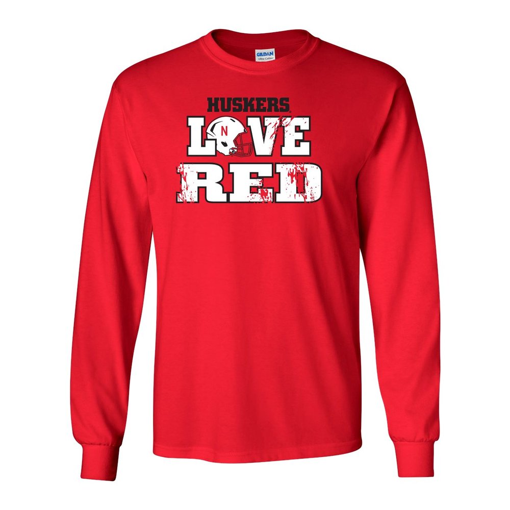 Nebraska Cornhuskers Football Love RED Helmet Long Sleeve Tee Shirt - Red - 4X