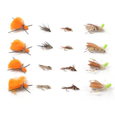 The Fly Fishing Place Trout Fly Assortment - Dry Fly Nymph Dropper Tandem Fly Fishing Rig Collection - 16 Flies - Indicator Dry Flies and Dropper Nymphs