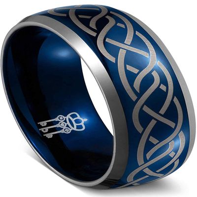 THREE KEYS JEWELRY Mens Charming Jewelry Laser Celtic Knot Tungsten 8mm Wedding Carbide Blue Ring Band for Men Engagement/Personlized Ring/Customized Ring 14