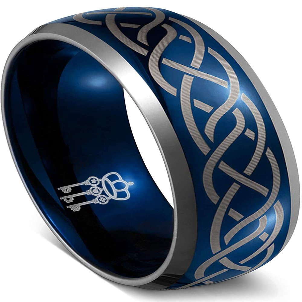 THREE KEYS JEWELRY Mens Charming Jewelry Laser Celtic Knot Tungsten 8mm Wedding Carbide Blue Ring Band for Men Engagement/Personlized Ring/Customized Ring 14