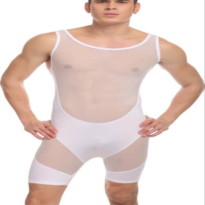 Cedir Men's Splice Wrestling Singlet Boxer See Through Leotard Bodysuit Swimwear L White