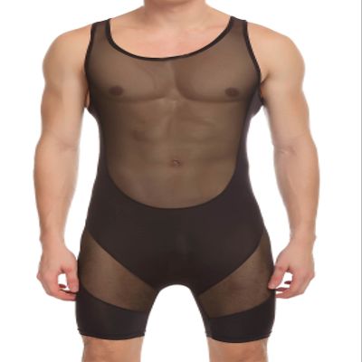 Cedir Men's Splice Wrestling Singlet Boxer See Through Leotard Bodysuit Swimwear XL Black