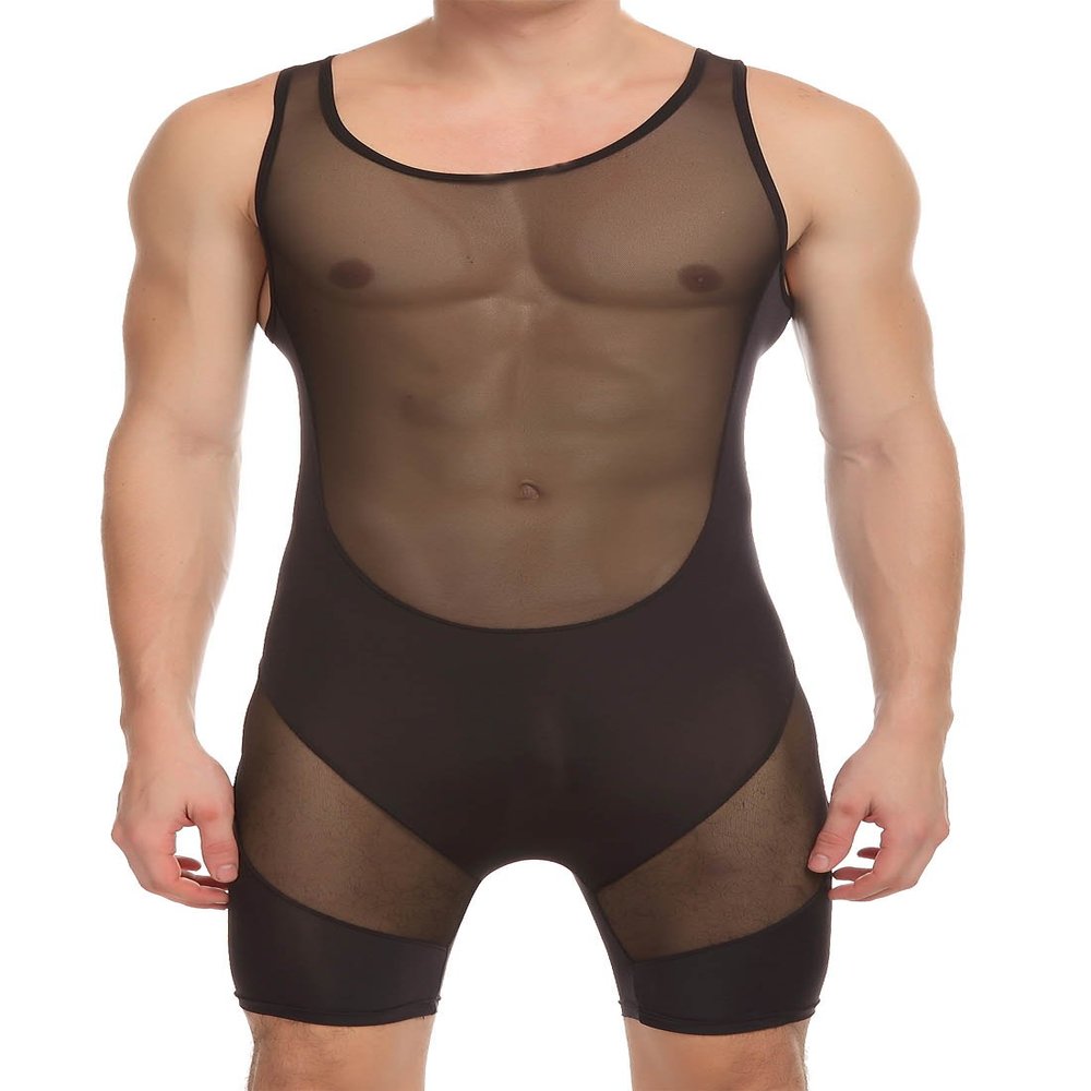 Cedir Men's Splice Wrestling Singlet Boxer See Through Leotard Bodysuit Swimwear XL Black
