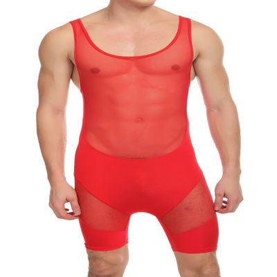 Cedir Men's Splice Wrestling Singlet Boxer See Through Leotard Bodysuit Swimwear XL Red