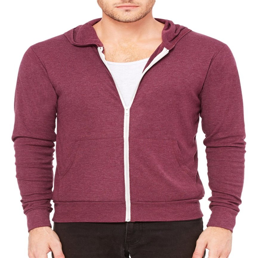 Bella Canvas Men's C3939 Unisex Triblend Full-Zip Lightweight Hoodie X-Small Maroon Triblend