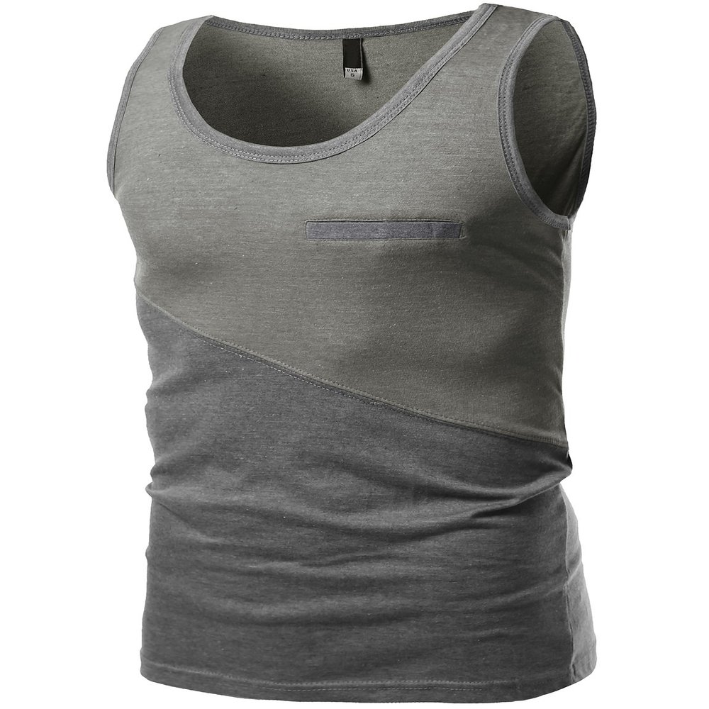 Asymmetrical Color-Block Contrast Tank Tops Gray Charcoal Size XL