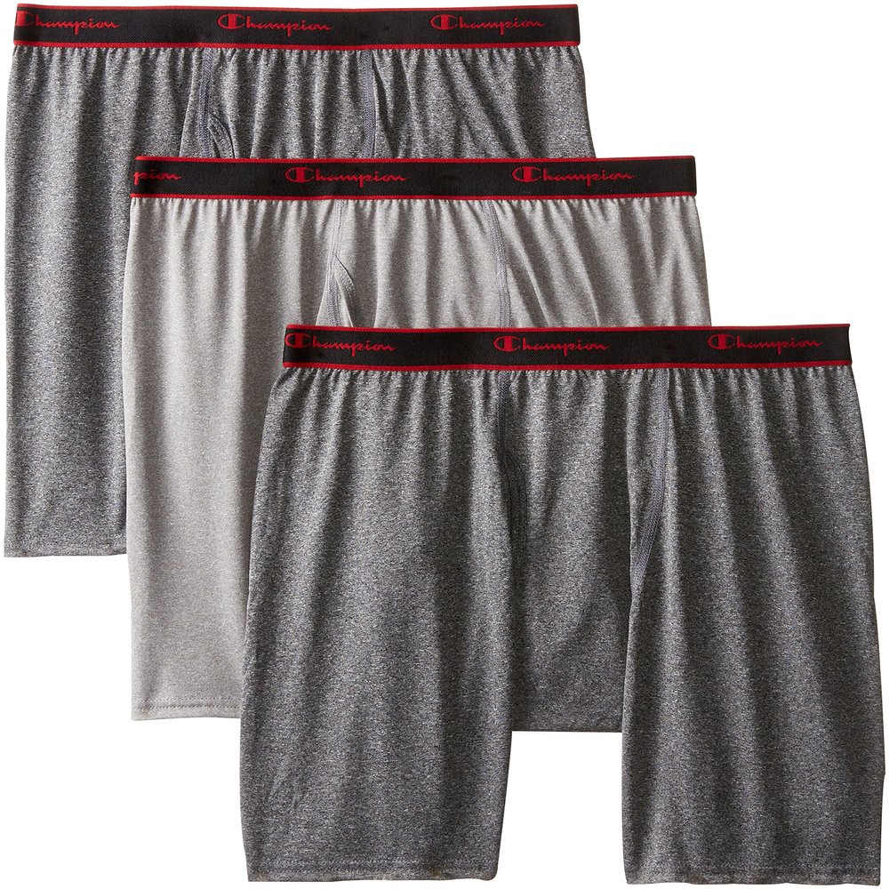 Champion Men's 3-Pack Active Performance Long Leg Boxer Briefs, Black/Grey/Black, Small