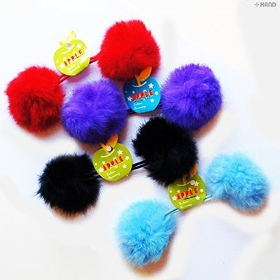 Assorted Colors Lovely Double Pom Pom Hair Bands, Decorative Pom Poms w/Band - 2" pom pom - Pack of 4