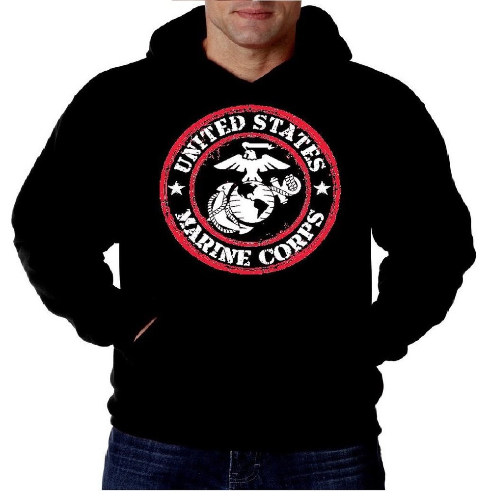 Lucky Ride United States Marine Corps STAMP Hoodie, USMC MARINES MENS HOODIE PULLOVER (XL) Black