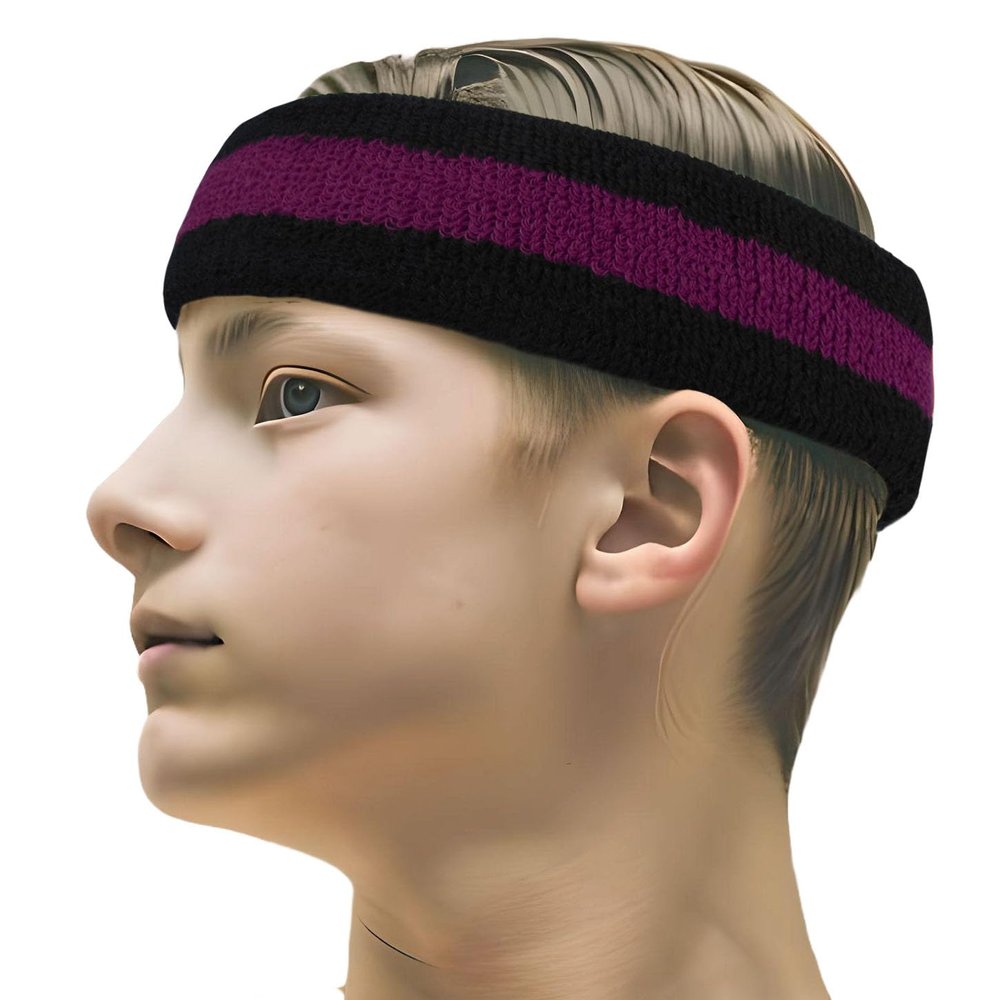 COUVER 2 Color Stripe Terry Sports Headband, 1 Piece, Purple/Black