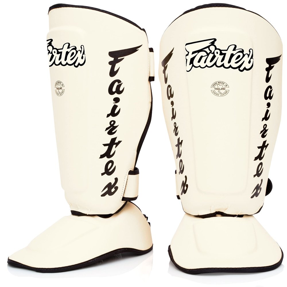 Fairtex SP7 Muay Thai Shin Guards for Men, Women, Kids | Shinguards Made with Syntek Leather & are Premium, Lightweight & Durable | Detachable shin & Foot Protector- Medium, White