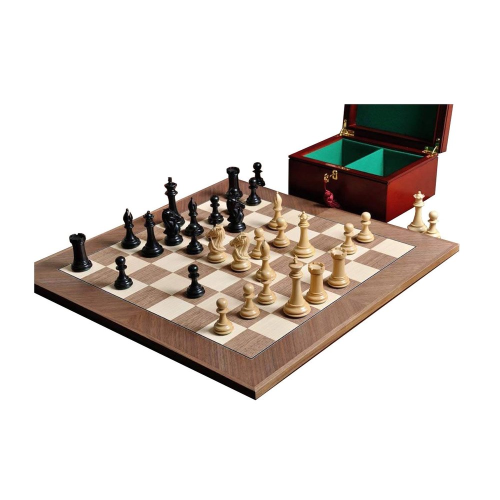 The Leicester Series Chess Set, Box, Board Combination - Ebonized Boxwood and Natural Boxwood - by The House of Staunton