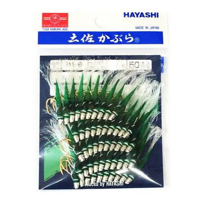 Hayashi Fishing Tackle Seisakusho, 50 Pieces, TOSA Kabura, Green Leather, White Flasher, Mackerel Mold, Metal Needles, No. 14