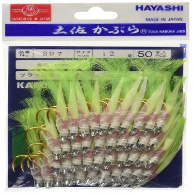 Hayashi Fishing Equipment Seisakusho, 50 Pieces, TOSA Cabaret, White Leather, Yellow-Green Flasher, Round, Gold Needles, No. 12
