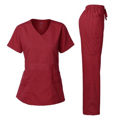 Dagacci Medical Uniform Women's Scrubs Set Stretch Ultra Soft Y-Neck Wrap Top and Pants Burgundy XS