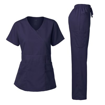 Dagacci Medical Uniform Women's Scrubs Set Stretch Ultra Soft Y-Neck Wrap Top and Pants Navy XL