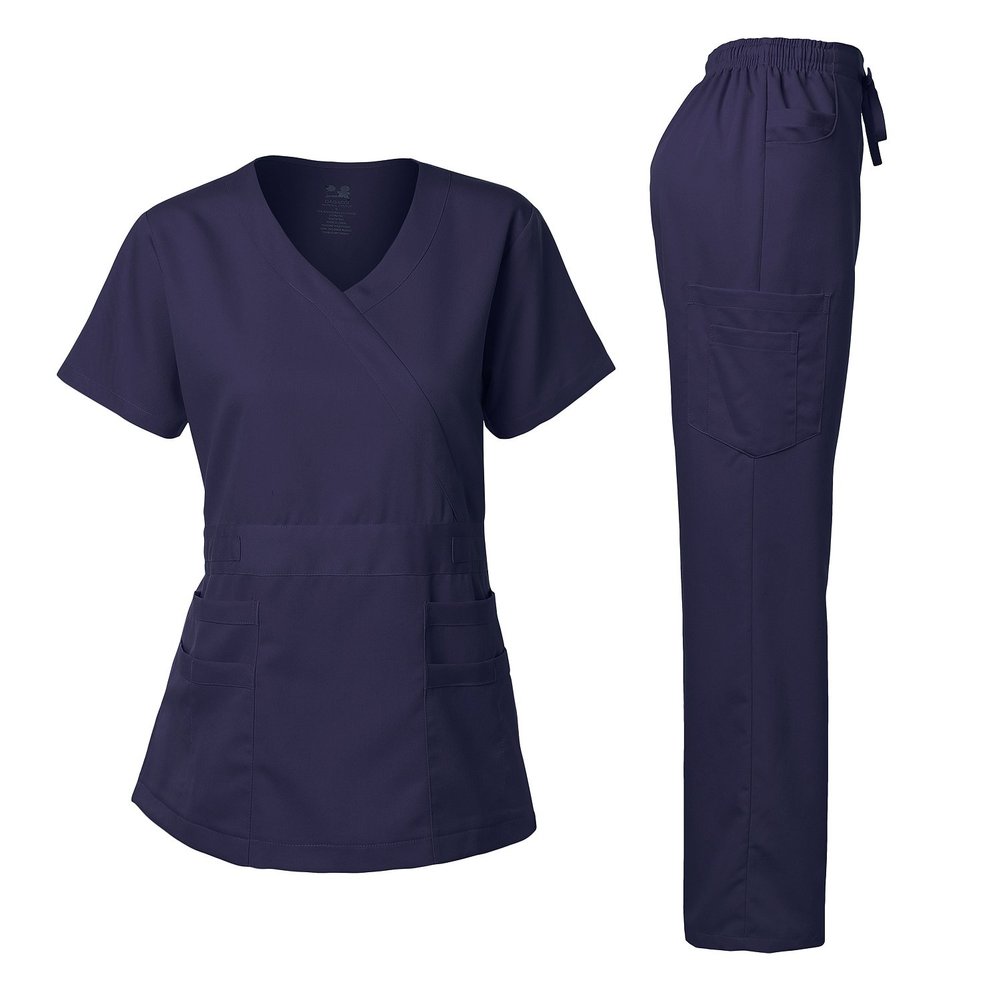 Dagacci Medical Uniform Women's Scrubs Set Stretch Ultra Soft Y-Neck Wrap Top and Pants Navy XL
