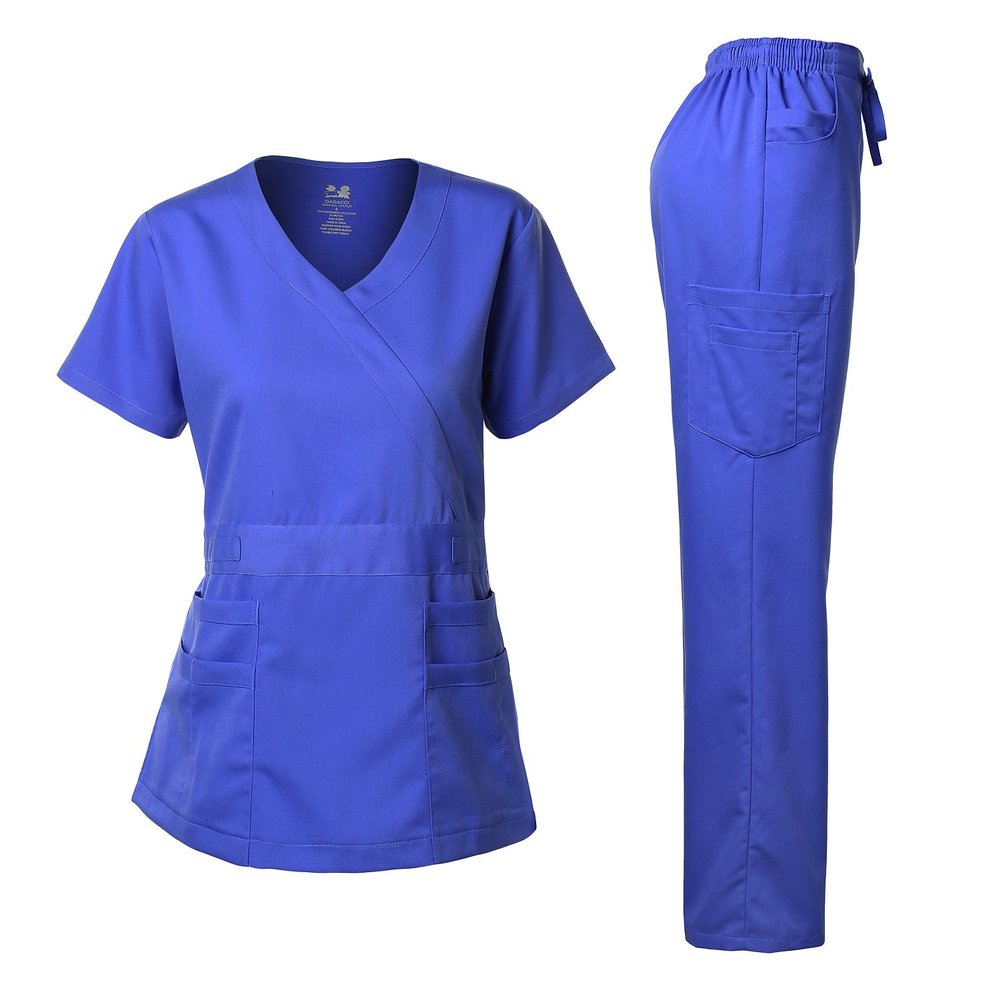 Dagacci Medical Uniform Women's Scrubs Set Stretch Ultra Soft Y-Neck Wrap Top and Pants Royal Blue XXL