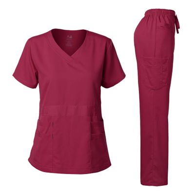 Dagacci Medical Uniform Scrubs for Women Set  Natural Stretch Ultra Soft V-Neck Top and Pants Sets for Women - 9 Pocket Burgundy XS