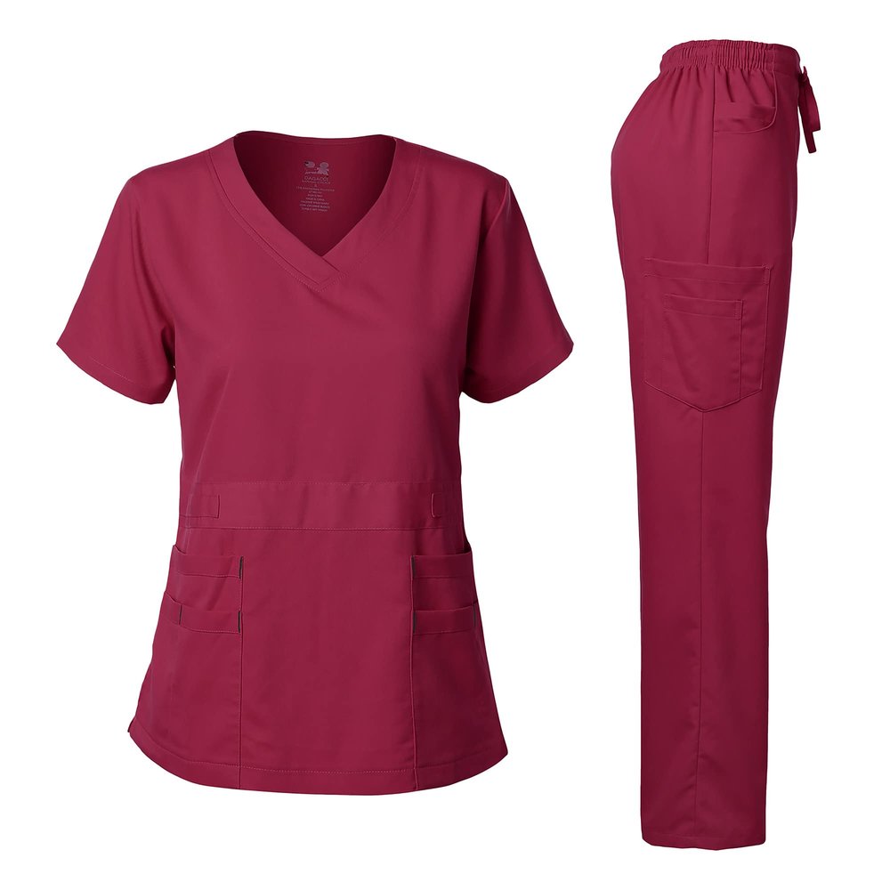 Dagacci Medical Uniform Scrubs for Women Set  Natural Stretch Ultra Soft V-Neck Top and Pants Sets for Women - 9 Pocket Burgundy XS