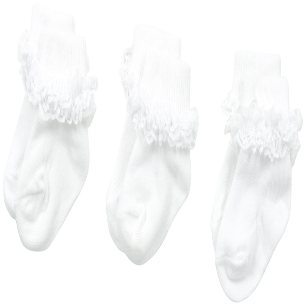 Jefferies Socks Baby-Girls Newborn Double Row Lace 3 Pair Pack Socks, White, Infant
