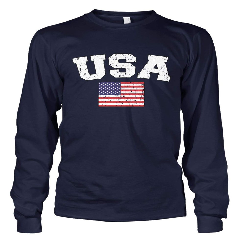 Cybertela Men's Faded Distressed USA American Flag Long Sleeve T-Shirt (Navy Blue, 2X-Large)