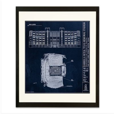 Darrell K Royal Texas Memorial Stadium Blueprint Style Print (Framed Black, 18" H x 24" W)