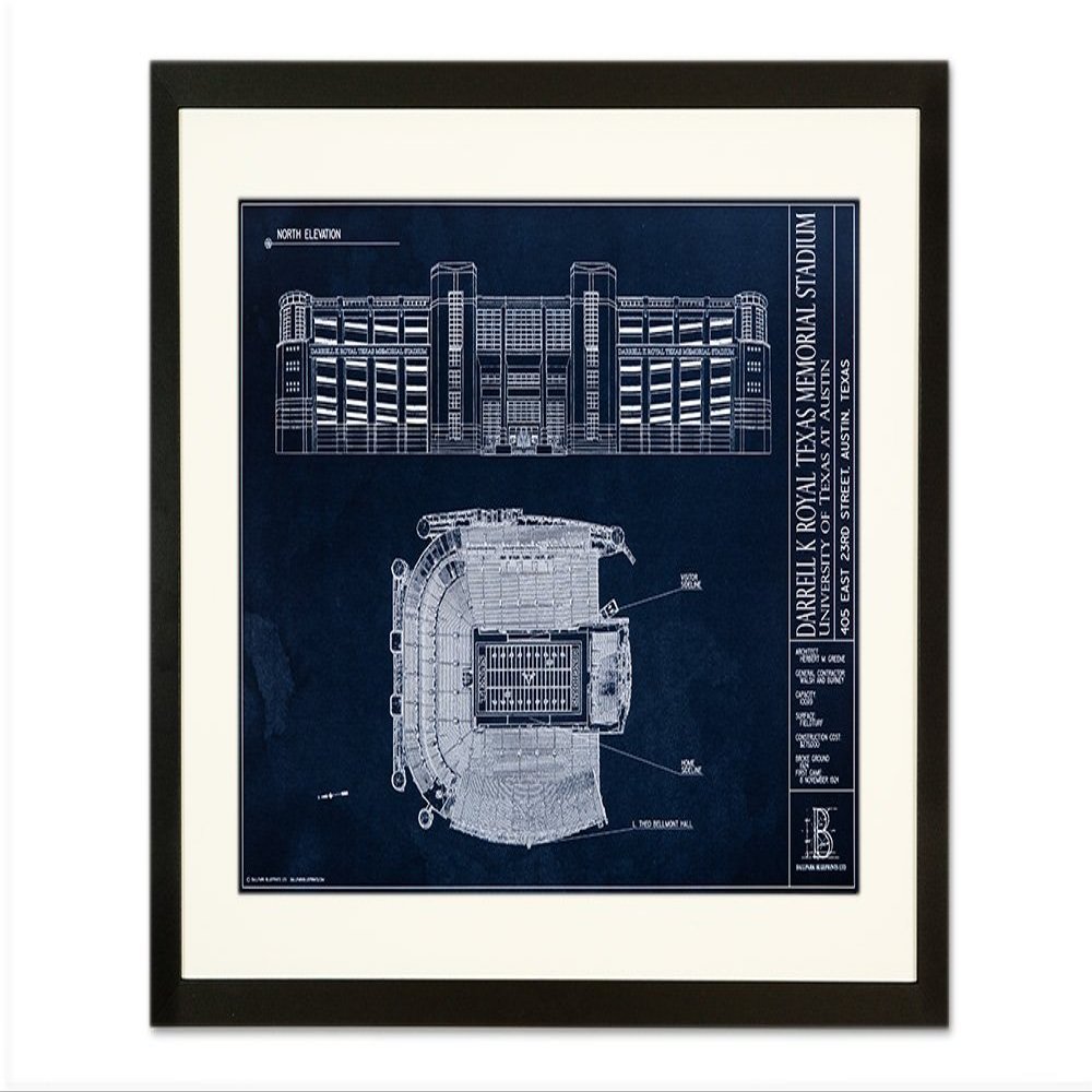 Darrell K Royal Texas Memorial Stadium Blueprint Style Print (Framed Black, 18" H x 24" W)