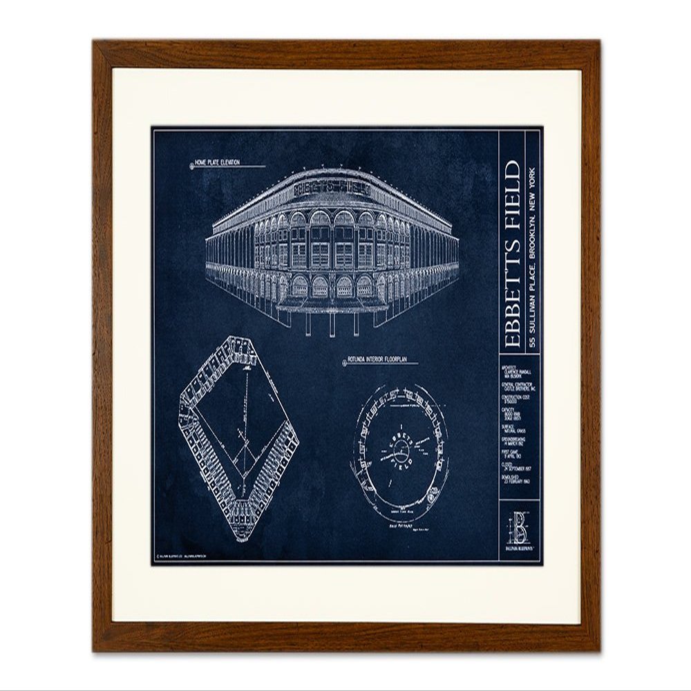 Ebbets Field Blueprint Style Print (Framed - Walnut, 18" H x 24" W)