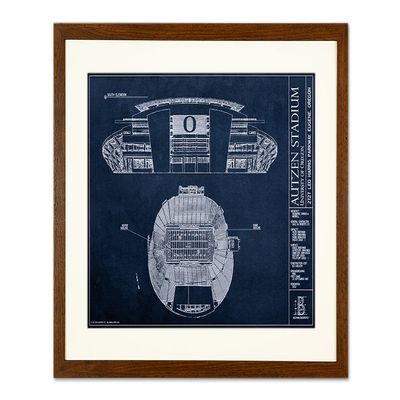 Ballpark Blueprints Autzen Stadium University of Oregon Blueprint Style Print (Framed - Walnut, 18" H x 24" W)
