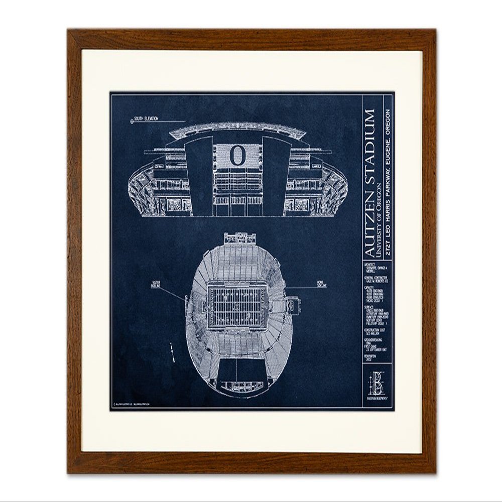 Ballpark Blueprints Autzen Stadium University of Oregon Blueprint Style Print (Framed - Walnut, 18" H x 24" W)