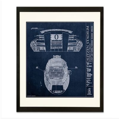 Ballpark Blueprints Autzen Stadium University of Oregon Blueprint Style Print (Framed - Black, 18" H x 24" W)