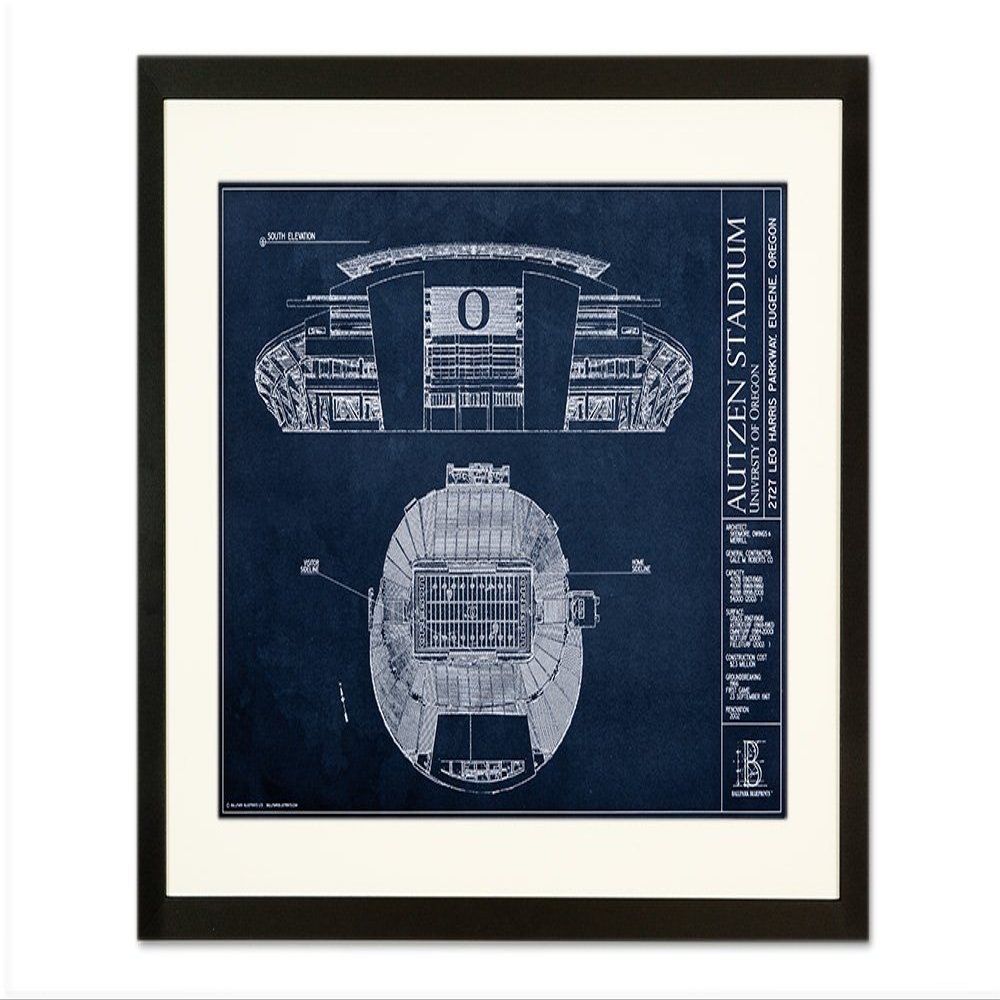 Ballpark Blueprints Autzen Stadium University of Oregon Blueprint Style Print (Framed - Black, 18" H x 24" W)