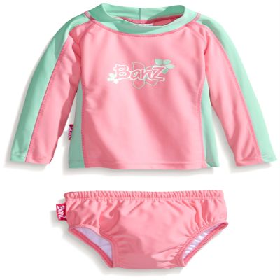 Baby Banz Baby-Girls Newborn Long Sleeve Rash Guard and Swim Diaper Set Pink-Mint, Pink/Mint, 12-18 Months