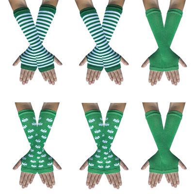 Arm Warmers, Womens Winter Fingerless Long Glove Wool Knit Arm Sleeves for Halloween & Gothic Dress Party W-3S-G (Z8-6 Set Green Striped & Leaf, One Size)