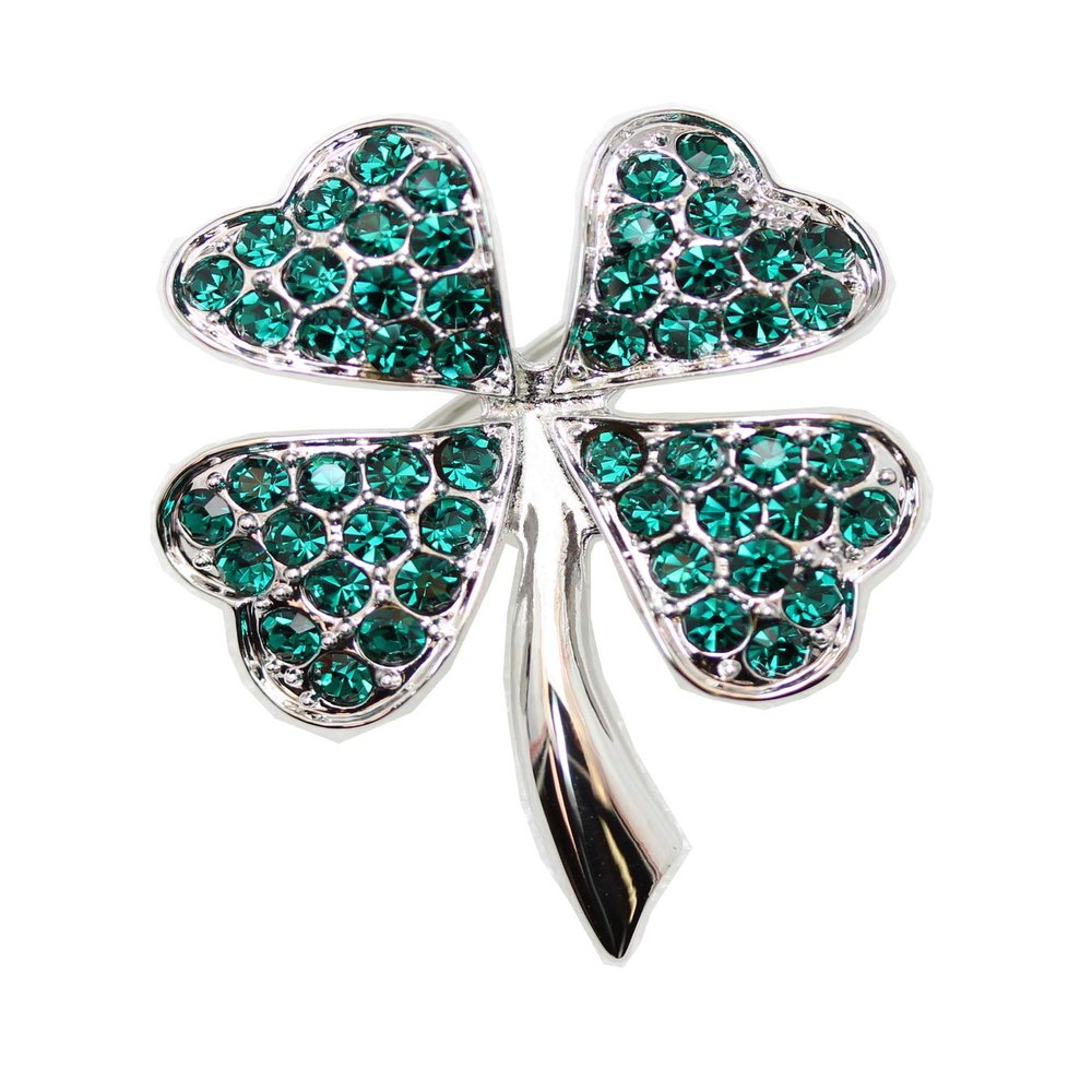 Faship Green Crystal Shamrock Clover 4 Leaf Pin Brooch St. Patrick's Day - Emerald-4 leaf/Silver-tone