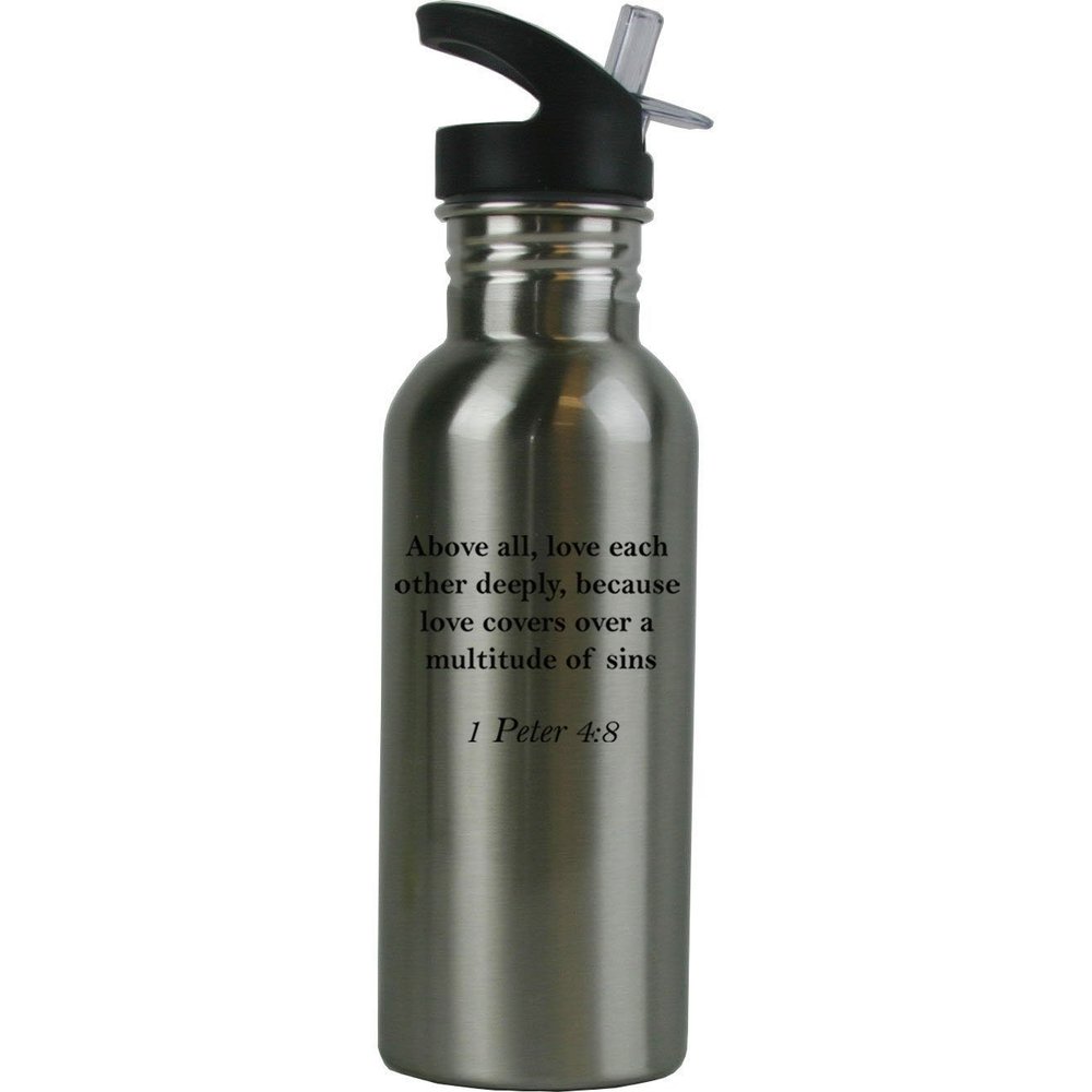Personalized Custom 1 Peter 4:8 Bible Verse Stainless Steel Water Bottle with Straw Top 20 Ounce Sport Water Bottle Customizable